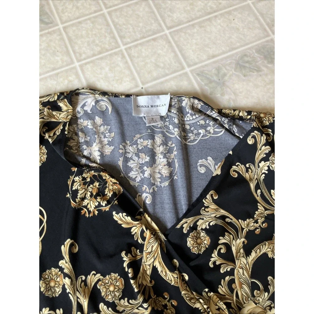 Glam Retro FAUX WRAP DRESS STRETCH Black with Gold Rope Floral Print Old Money - Picture 3 of 5